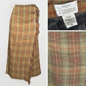 Vtg Plaid Wrap Long Skirt Coffee Bean J. London Size 12 Autumn Retro Academia